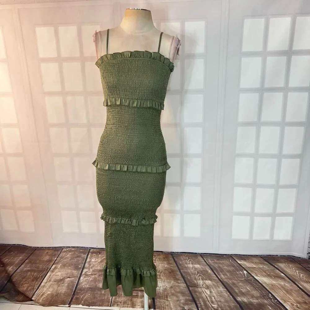 Mable Green Ruffle Smocked Spaghetti Strap Long Tiered Midi Dress Size Small - Picture 1 of 11